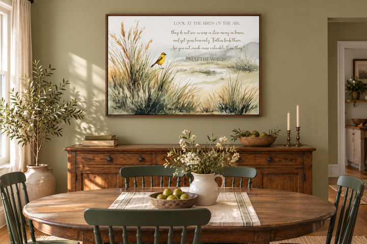 Matthew 6:26 scripture wall art with watercolor birds and meadow in a rustic dining room.