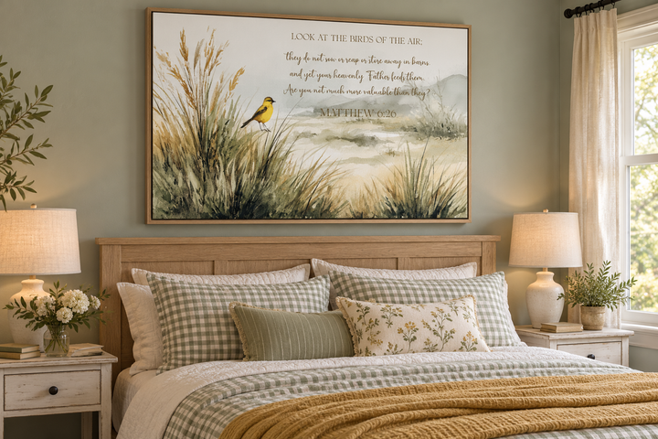 Matthew 6:26 Scripture wall art with watercolor birds and meadow above a bed in a farmhouse room.