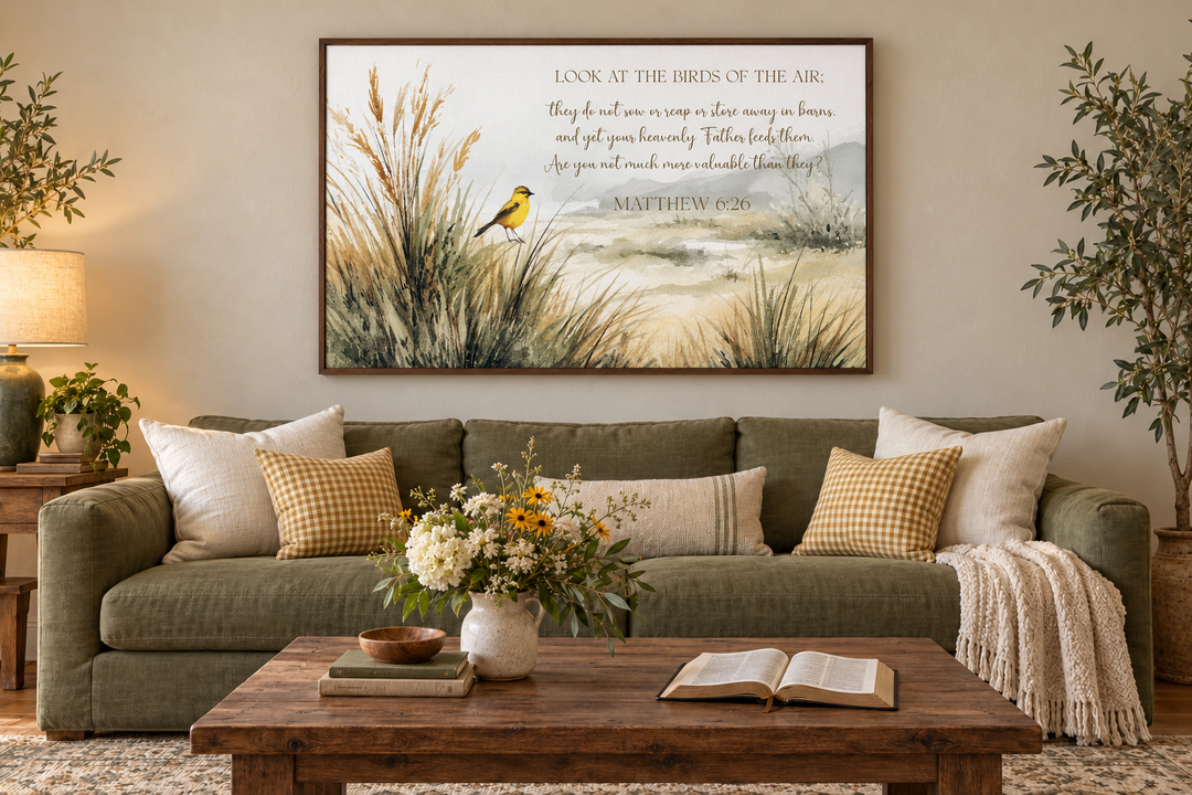 Matthew 6:26 Scripture wall art with a yellow bird and meadow scene above a green sofa.