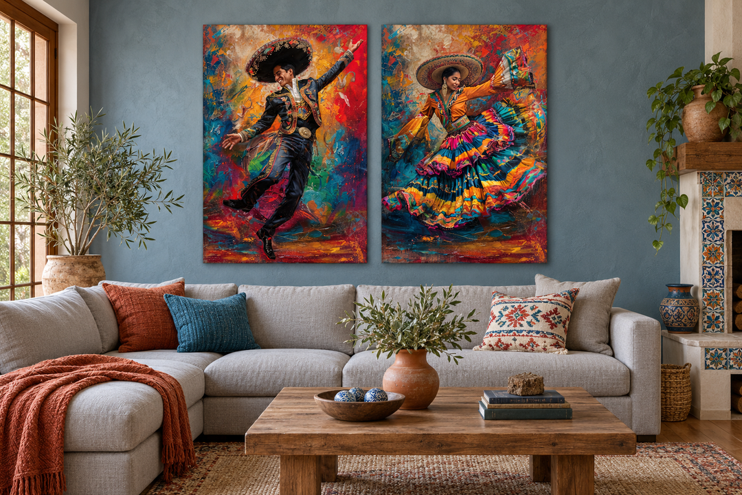 Set of 2 canvas prints featuring a Mexican man and woman in traditional attire dancing.