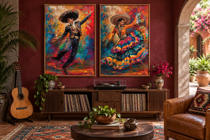 Set of 2 canvas prints featuring a man and woman in traditional Mexican attire dancing.