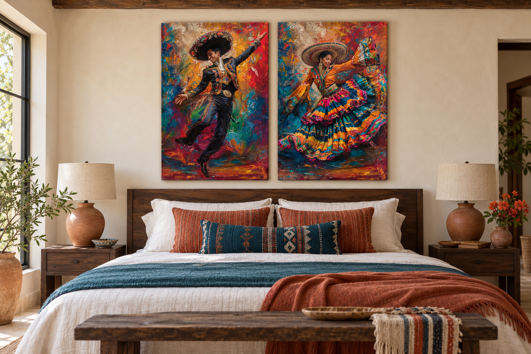Set of 2 canvas prints featuring a man and woman in traditional Mexican attire dancing.