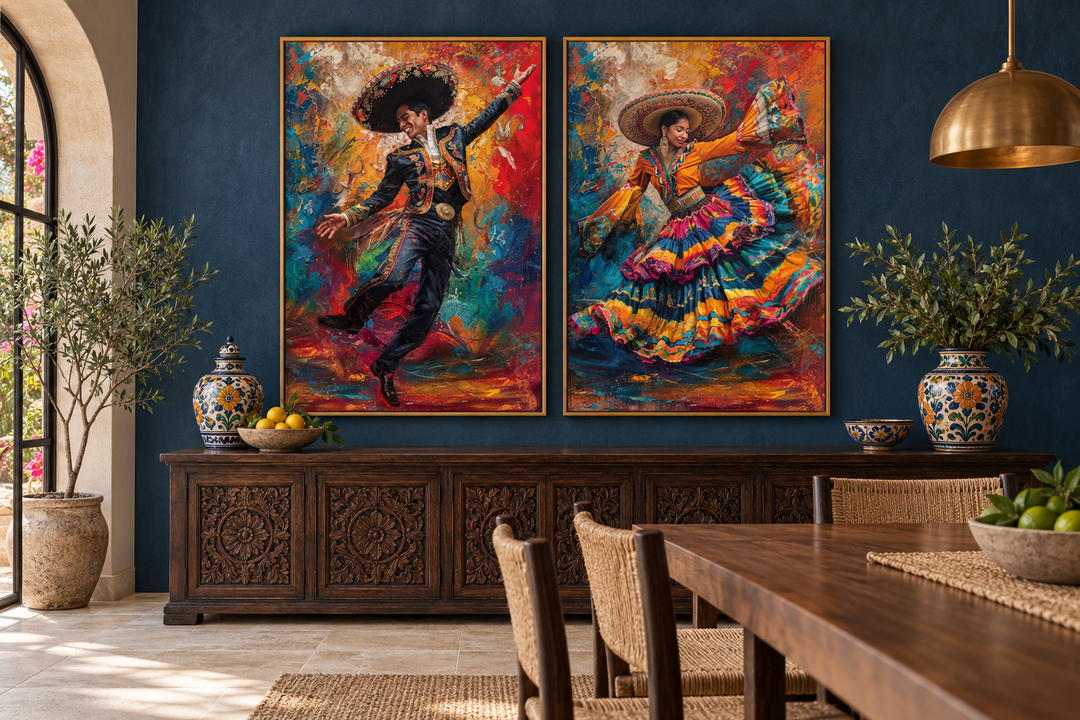 Set of 2 colorful canvas prints featuring a man and woman in traditional Mexican dance attire.