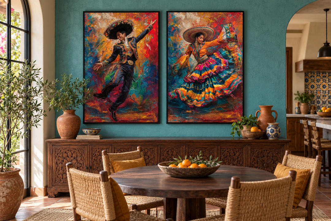 Set of 2 canvas prints featuring a man and woman in traditional Mexican dance attire on a teal wall.