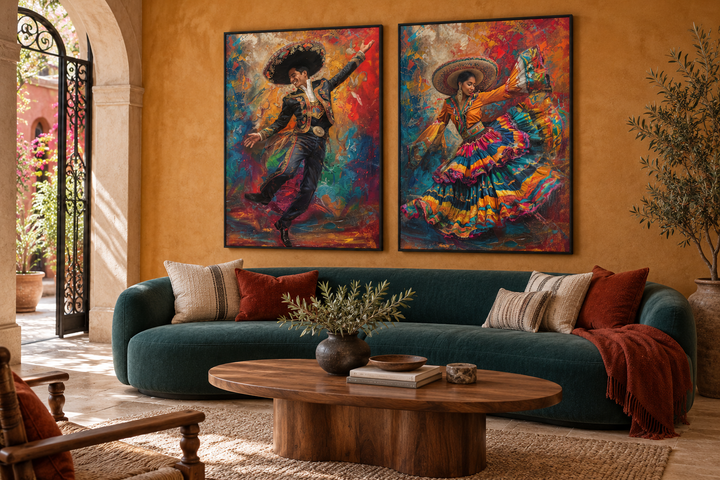Set of 2 canvas prints featuring a man and woman in traditional Mexican attire dancing.