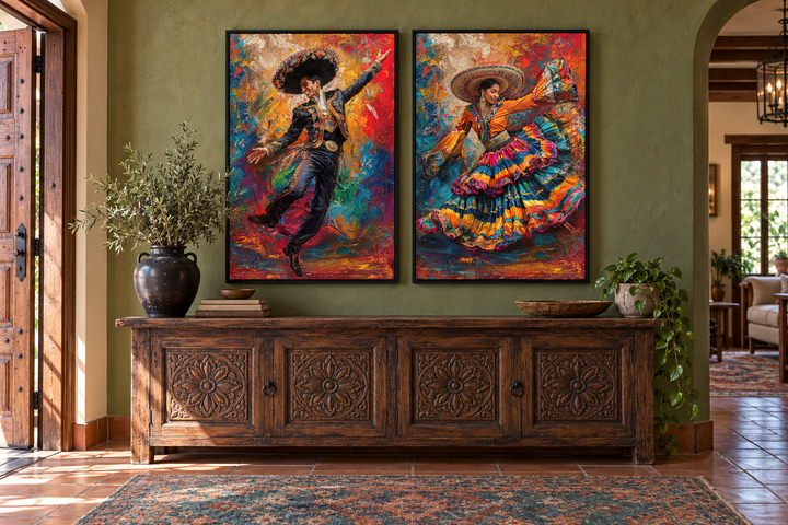 Set of 2 canvas prints featuring a man and woman in colorful traditional Mexican dance attire.