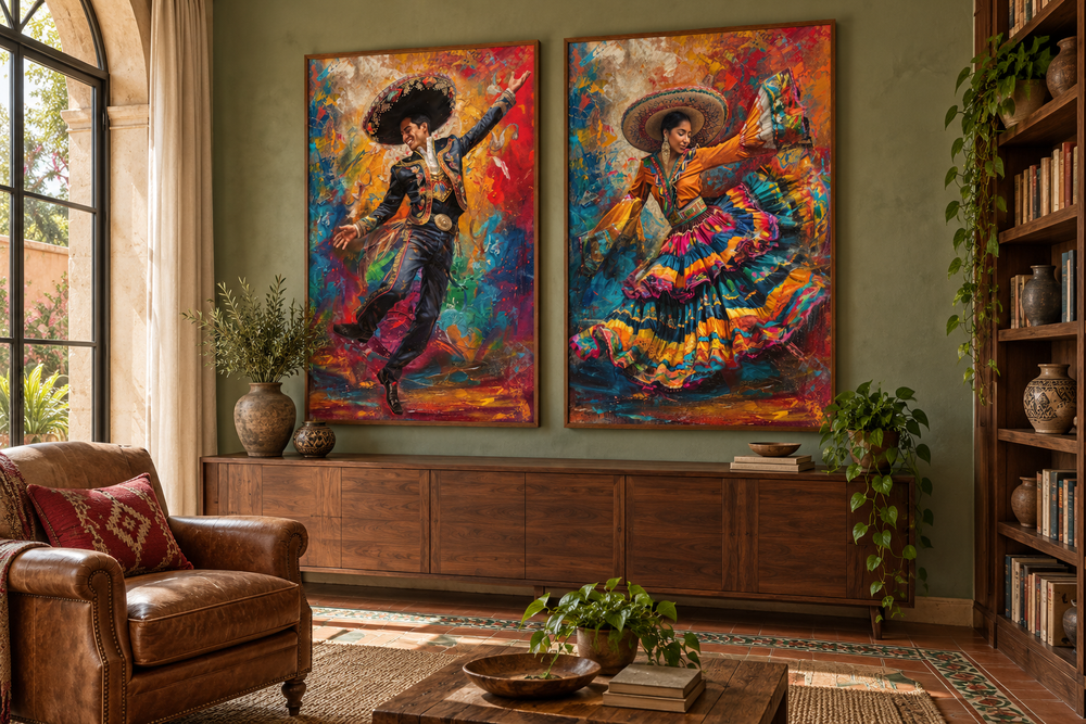 Set of 2 colorful canvas prints featuring a man and woman in traditional Mexican dance attire.