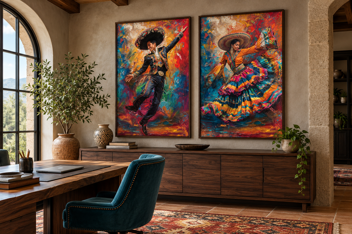 Set of 2 colorful canvas prints featuring a man and woman in traditional Mexican dance attire.