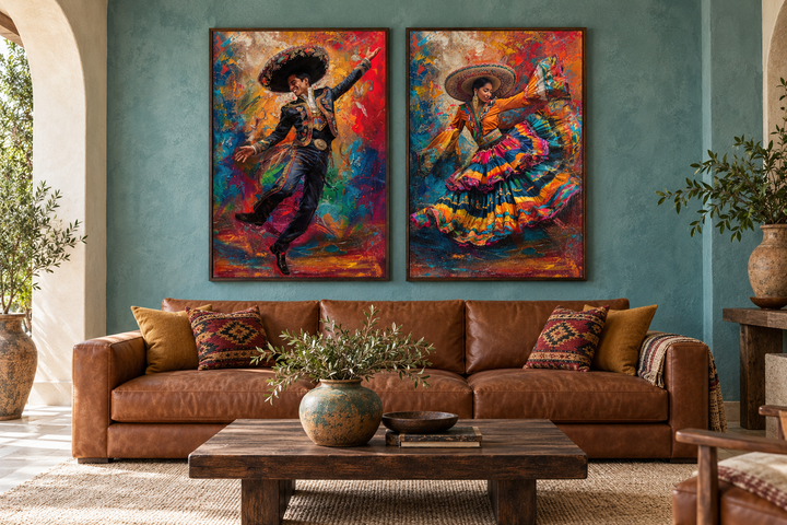 Set of 2 canvas prints featuring a Mexican man and woman in traditional attire dancing.