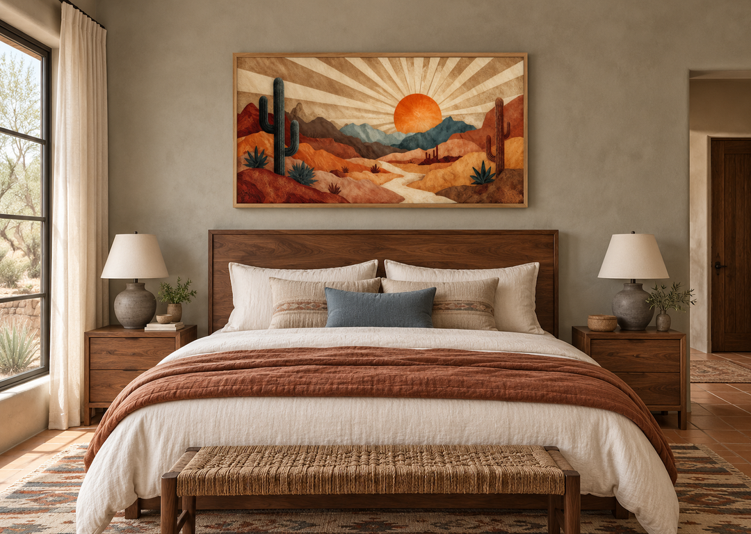 Mid Century Modern desert landscape print with a retro sunset in warm earth tones over a bed.