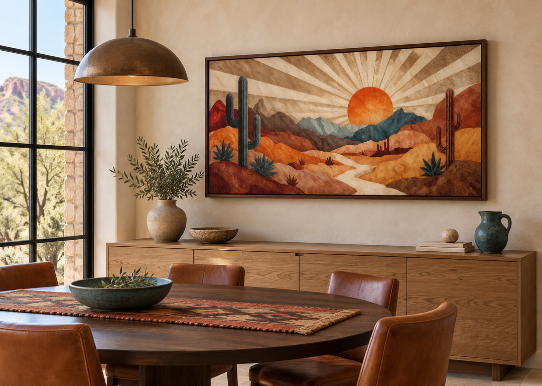 Mid Century Modern desert landscape wall art with a retro sunset in a warm-toned dining room.