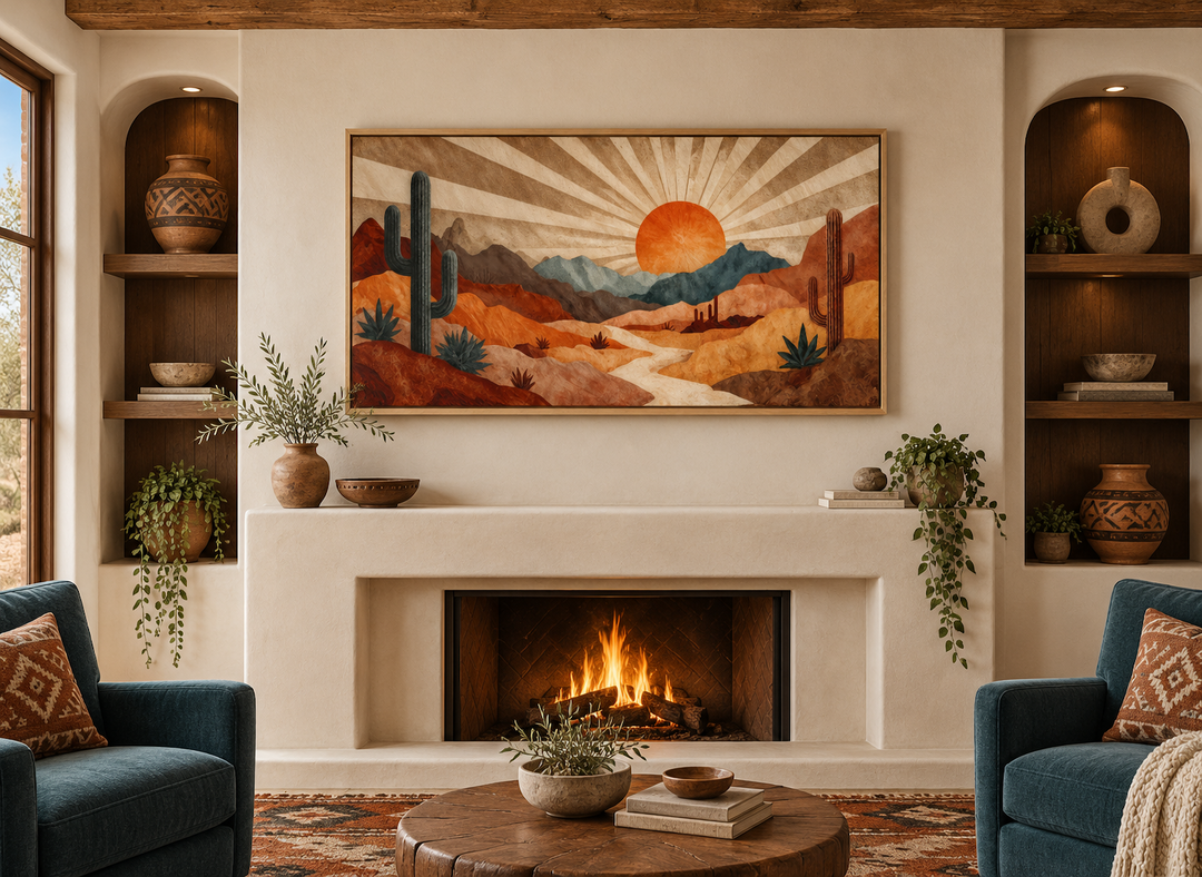 Mid Century Modern desert landscape print with a retro sunset in warm earth tones above a fireplace.