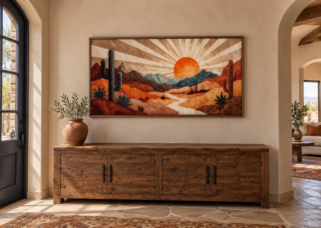 Mid Century Modern desert landscape wall art with a retro sunset in warm earth tones.