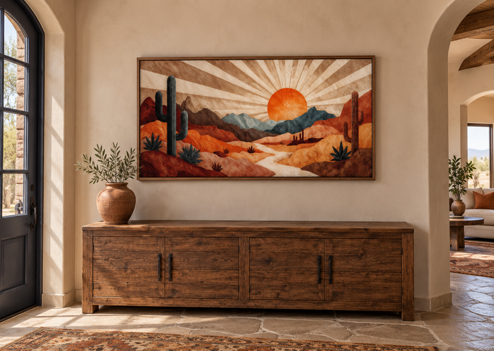Mid Century Modern desert landscape wall art with a retro sunset in warm earth tones.