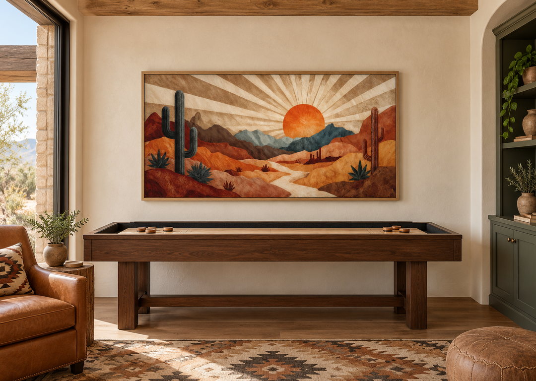 Mid Century Modern desert landscape wall art with a retro sunset in warm earth tones over a table.