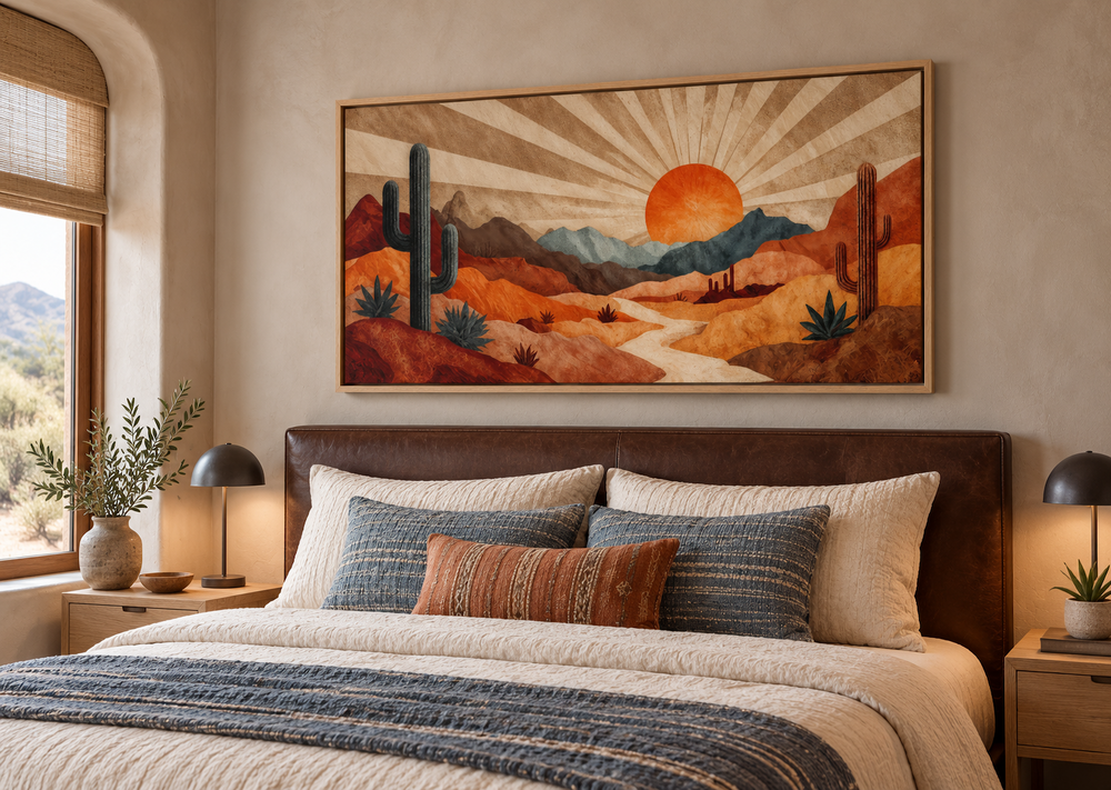 Mid Century Modern desert landscape wall art with a retro sunset in warm earth tones above a bed.