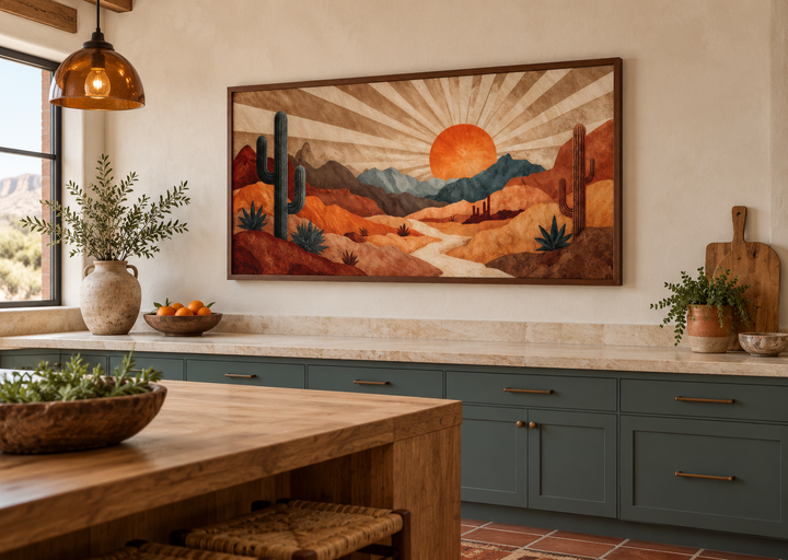 Mid Century Modern desert landscape canvas print with a retro sunset in warm earth tones.