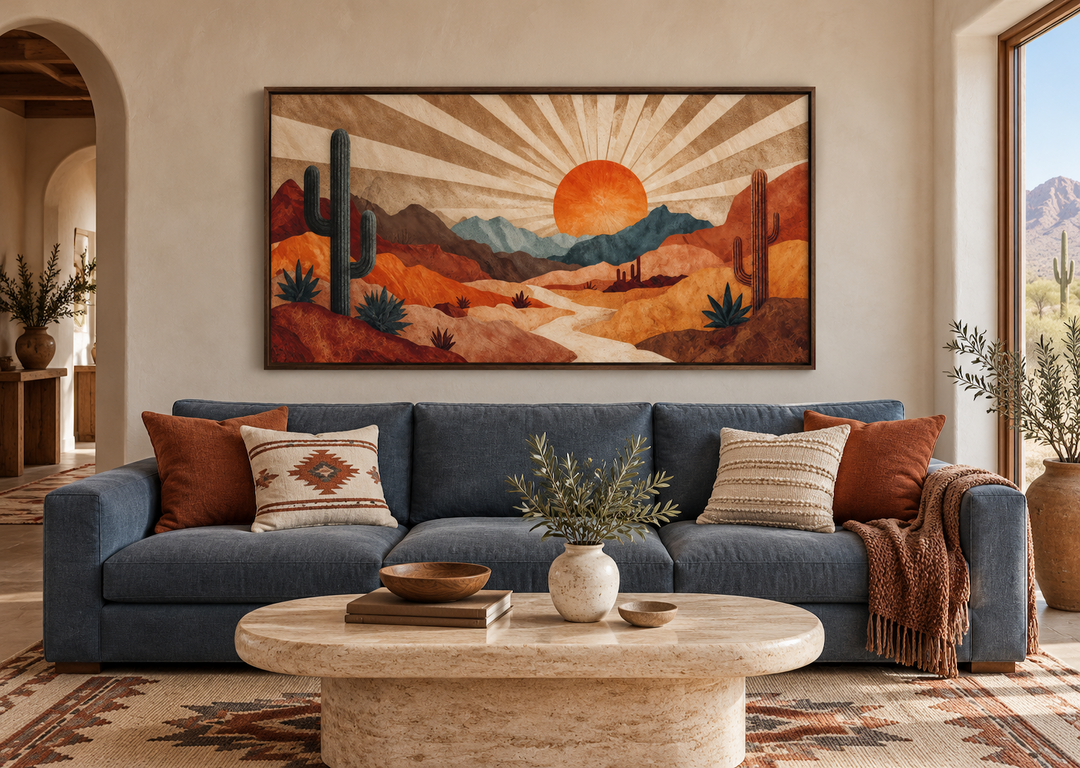 Mid century modern desert landscape wall art with a retro sunset in a warm earth-toned living room.