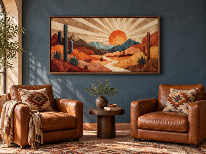 Mid Century Modern desert landscape wall art with a retro sunset in a dark blue living room.