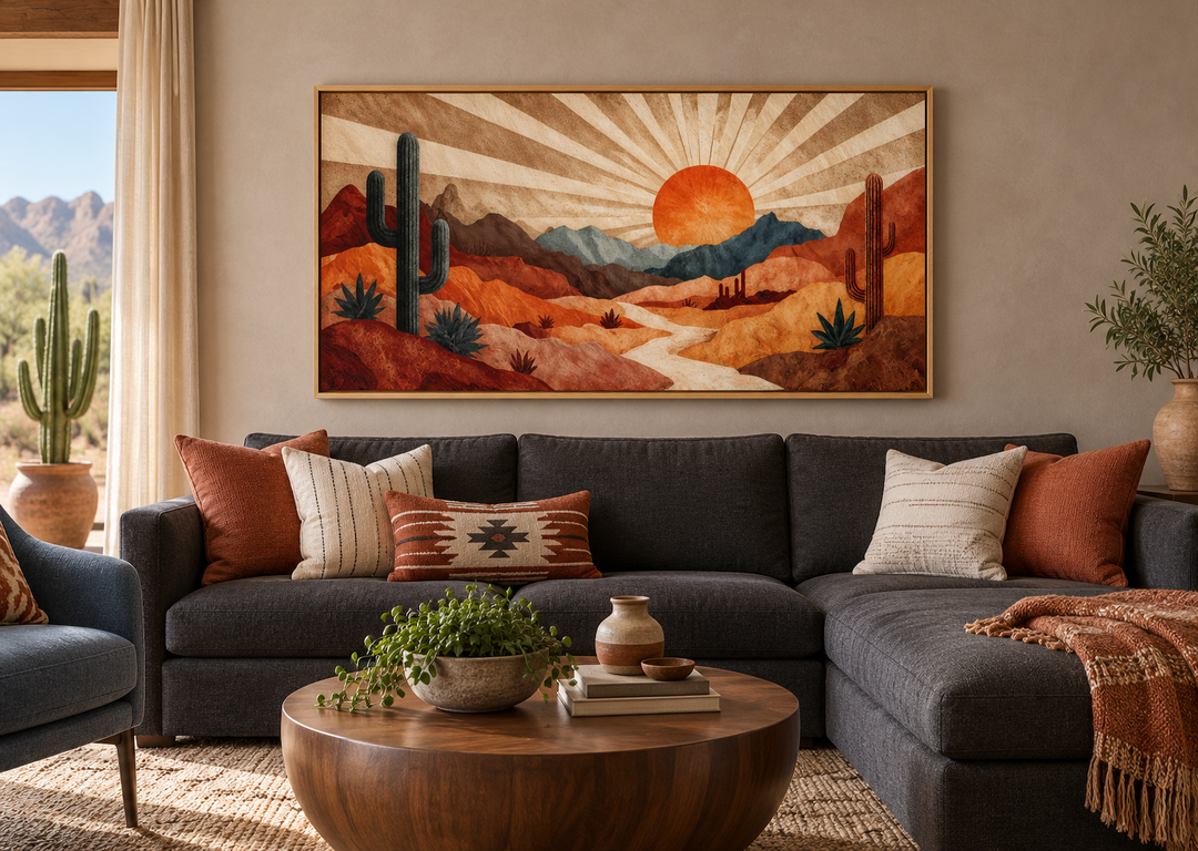 Mid-century modern desert landscape canvas print with a retro sunset in warm earth tones.
