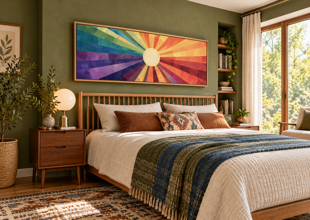 Mid-century modern horizontal wall art with a purple and orange sun design above a bed.