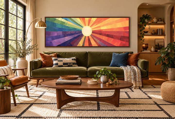Mid-century modern horizontal wall art with a vibrant purple and orange sunburst above a green sofa.