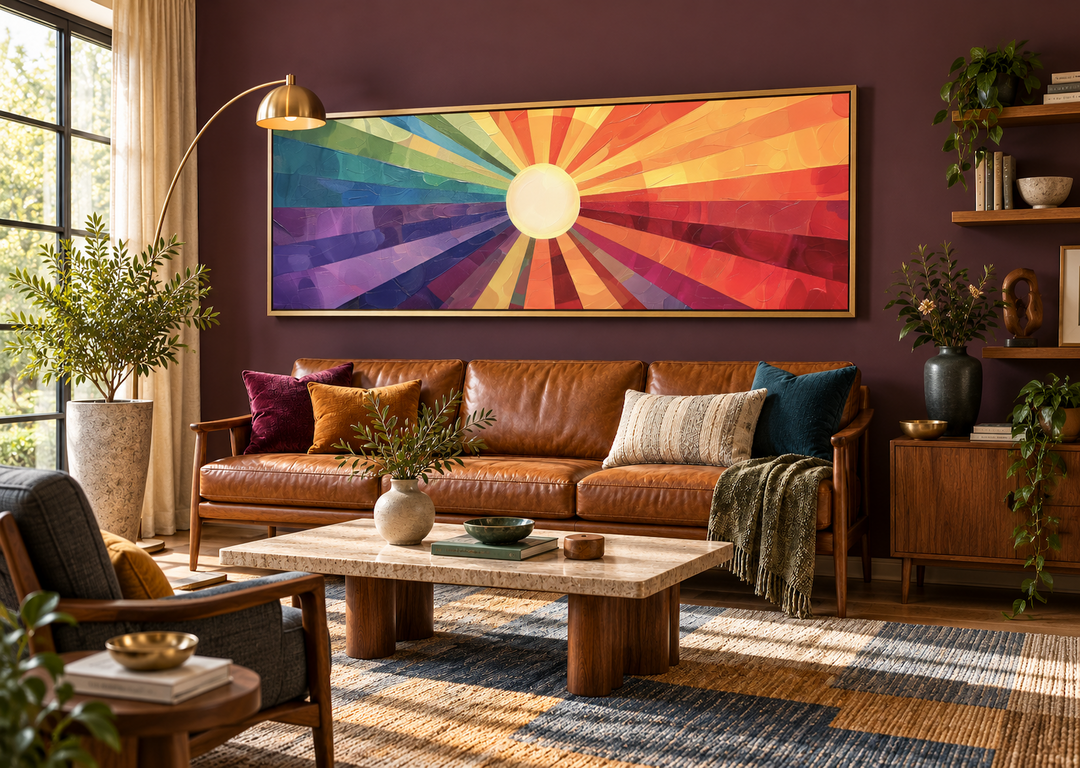 Mid-century modern horizontal wall art with a vibrant purple and orange sun design in a gold frame.