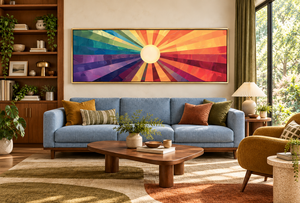Mid-century modern horizontal wall art with a vibrant purple and orange sunburst above a blue sofa.
