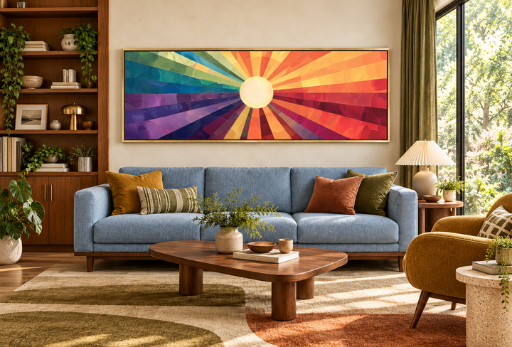 Mid-century modern horizontal wall art with a vibrant purple and orange sunburst above a blue sofa.