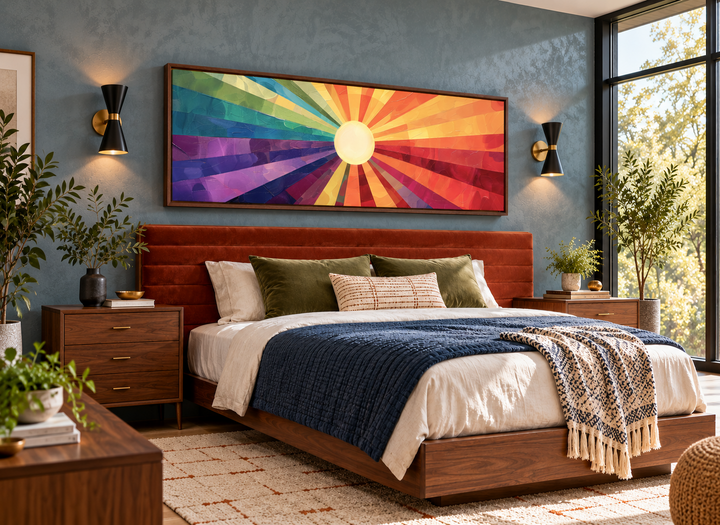 Mid-century modern horizontal wall art with a vibrant purple and orange sunburst above a bed.