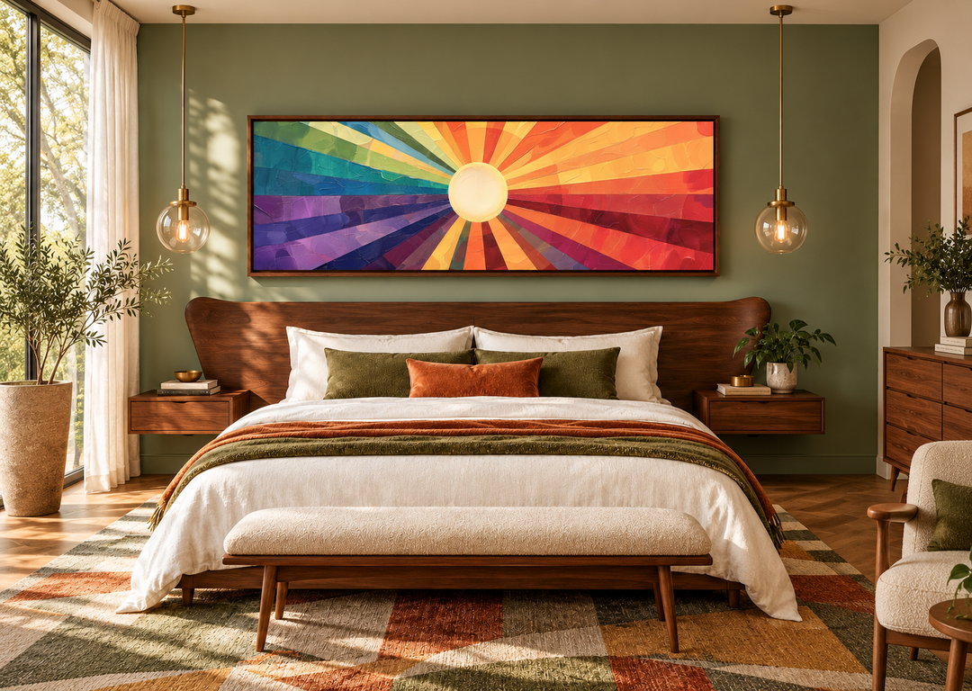 Mid-century modern purple and orange sunburst wall art in a walnut frame above a bed.