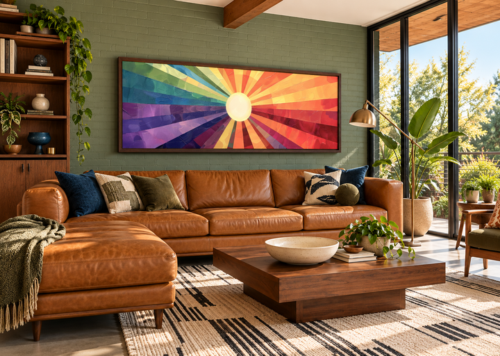 Mid-century modern horizontal wall art with a vibrant purple and orange sunburst design.