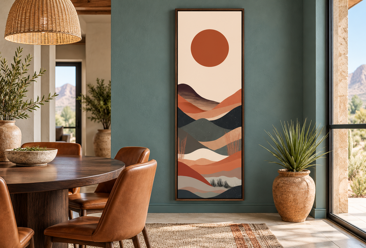 Long narrow vertical framed canvas wall art featuring a minimalist boho desert landscape.