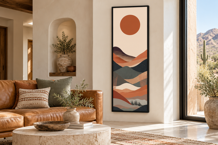 Long narrow boho minimalist desert landscape framed canvas wall art in a neutral living room.
