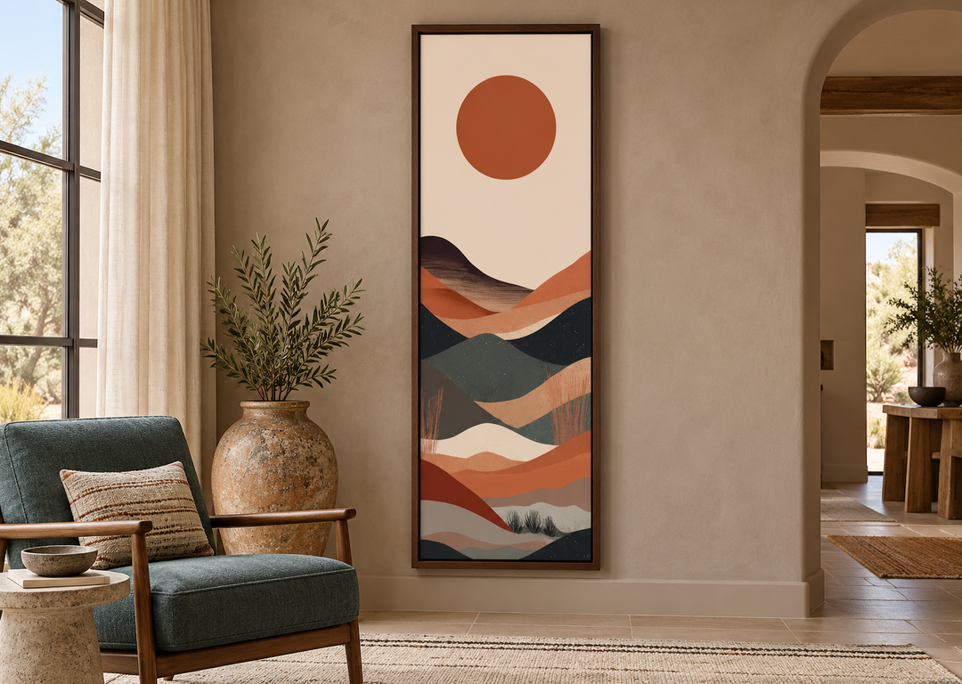 Long narrow vertical framed canvas wall art featuring a minimalist boho desert landscape.