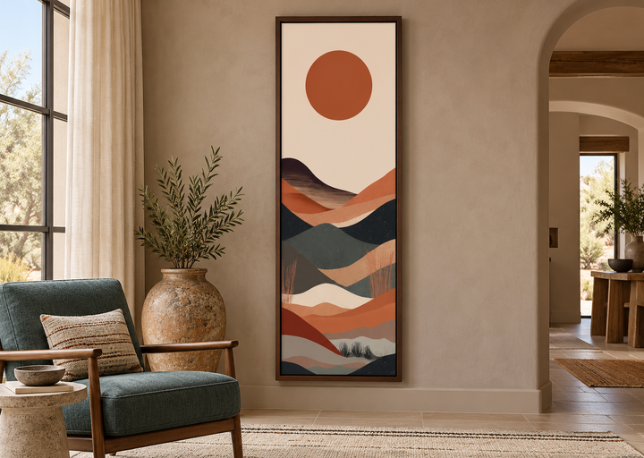 Long narrow vertical framed canvas wall art featuring a minimalist boho desert landscape.