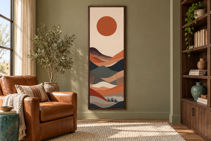 Long narrow vertical framed canvas wall art with a minimalist boho desert landscape design.