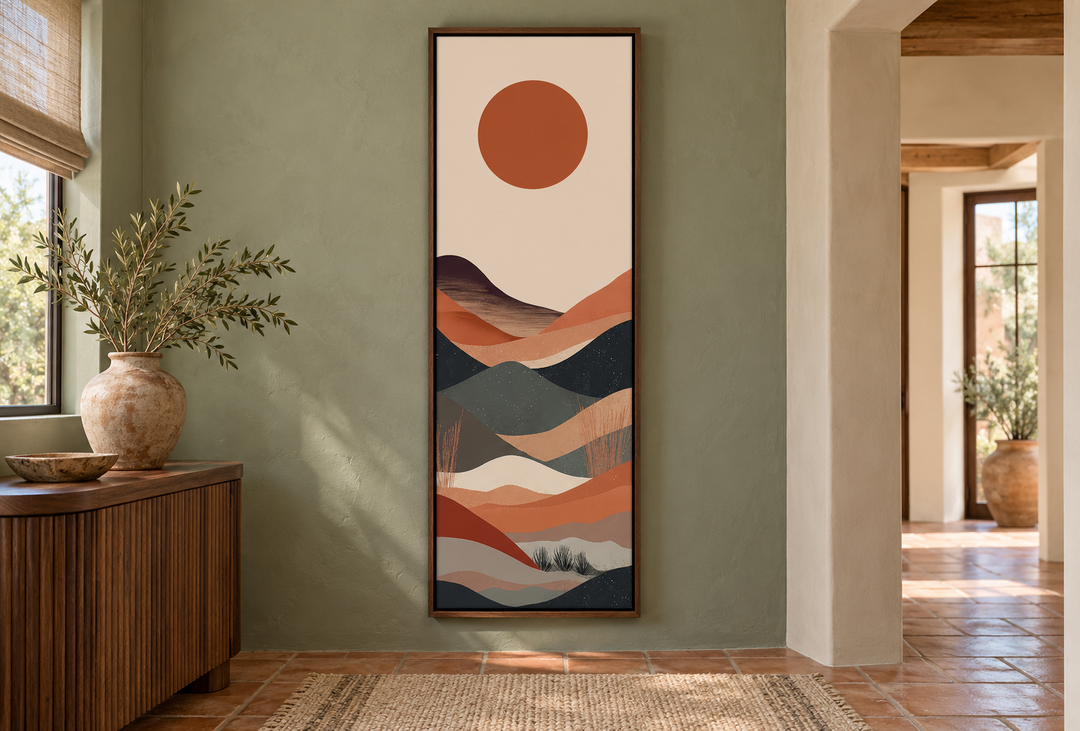 Long narrow vertical framed canvas wall art featuring a minimalist boho desert landscape.