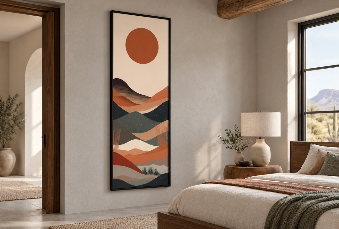 Long narrow boho minimalist desert landscape framed canvas wall art in a neutral bedroom setting.