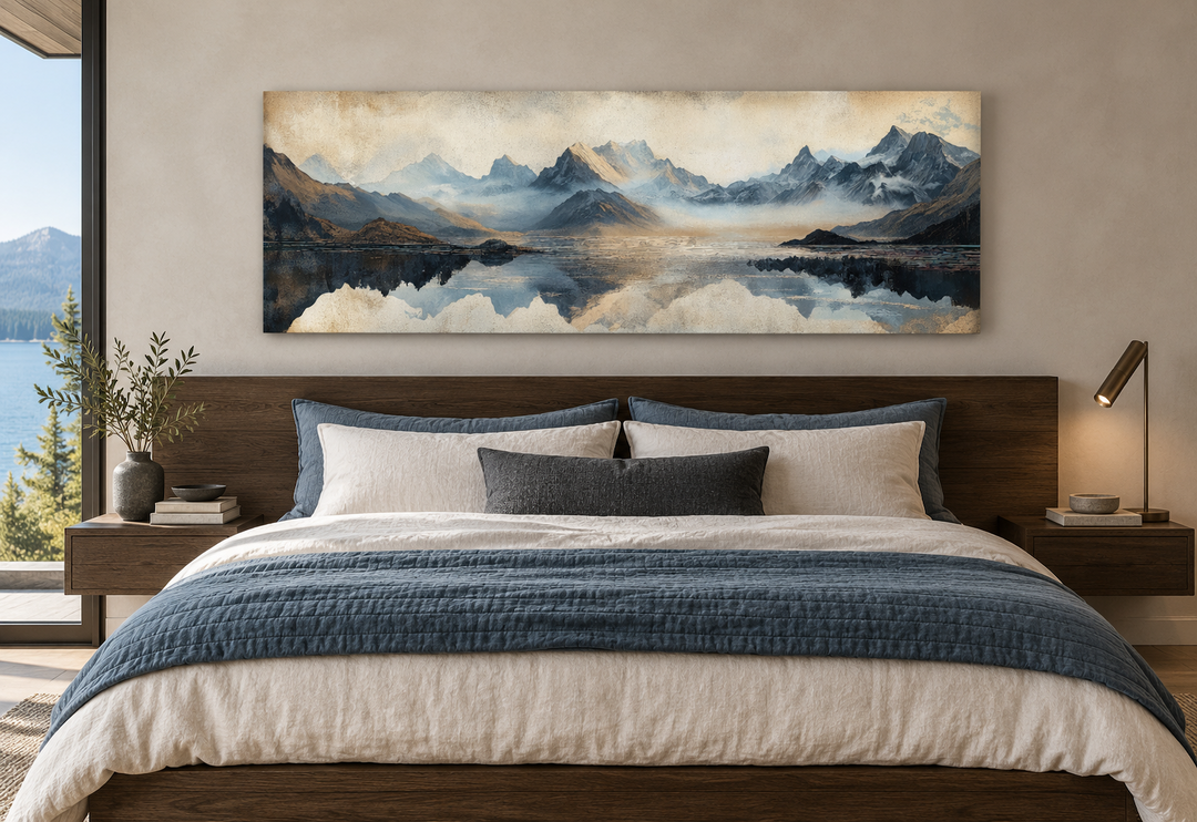 Misty Mountain Lake Panoramic Canvas Wall Art hanging above a bed in a modern bedroom.