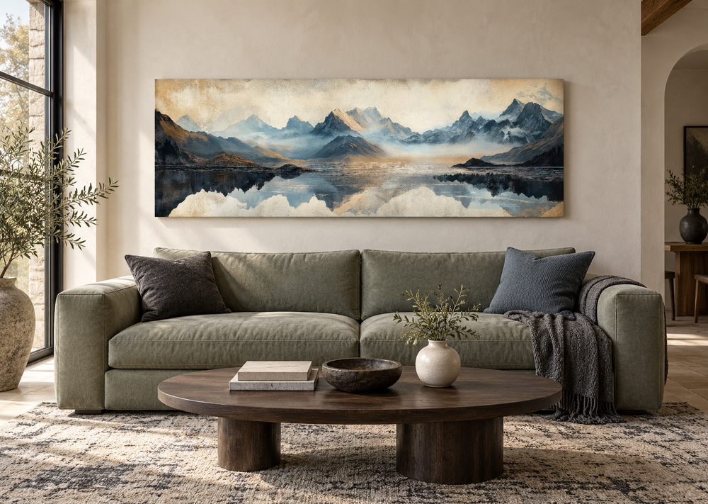 Misty mountain lake panoramic canvas wall art hanging above a sage green sofa in a living room.