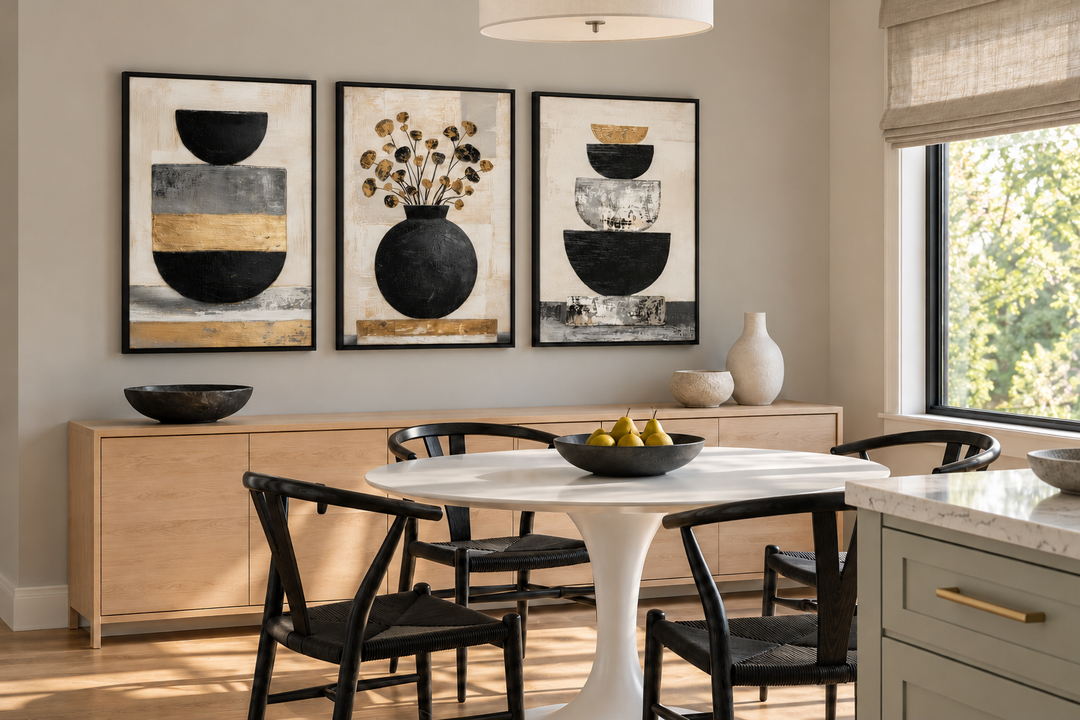 Boho-Blumen-Wandbild-Set (3-teilig) – Moderne botanische Leinwanddrucke | Schwarze und goldene Vase