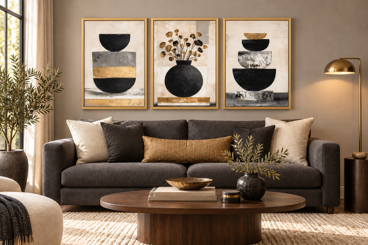 Boho-Blumen-Wandbild-Set (3-teilig) – Moderne botanische Leinwanddrucke | Schwarze und goldene Vase