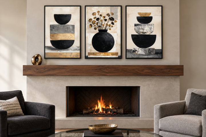 Boho-Blumen-Wandbild-Set (3-teilig) – Moderne botanische Leinwanddrucke | Schwarze und goldene Vase