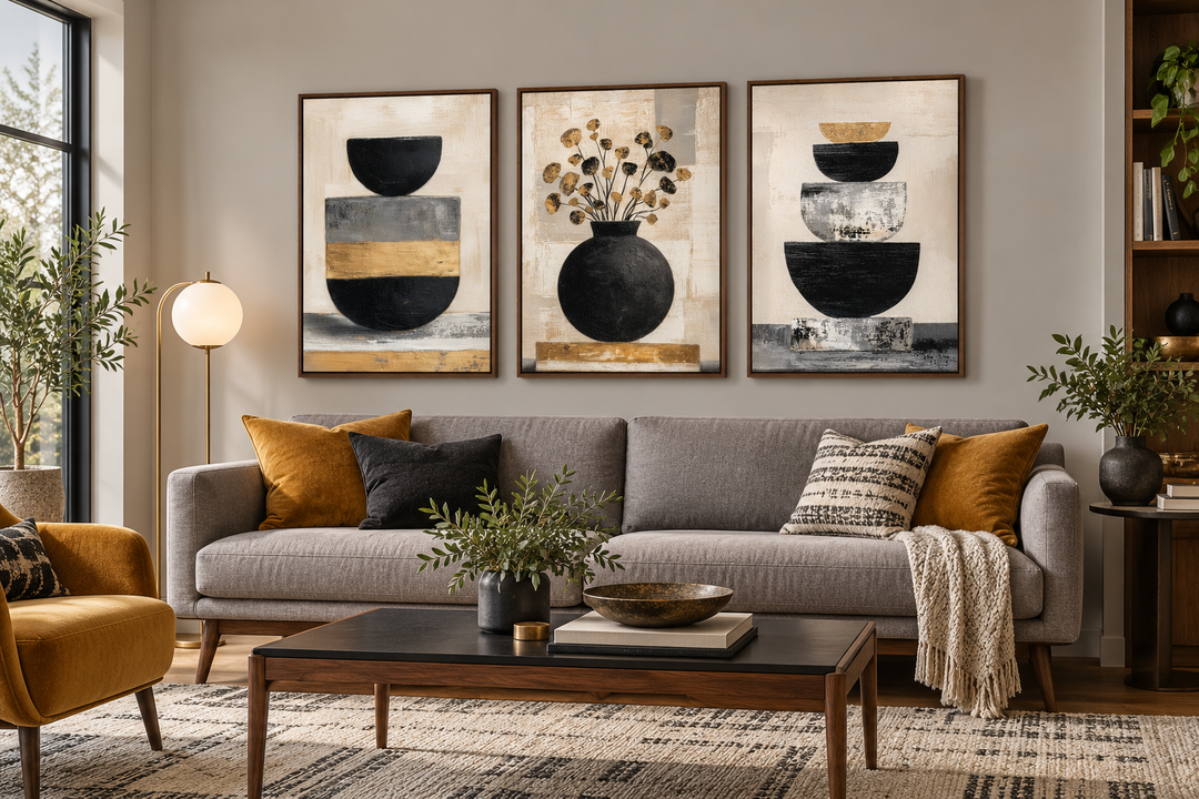 Boho-Blumen-Wandbild-Set (3-teilig) – Moderne botanische Leinwanddrucke | Schwarze und goldene Vase