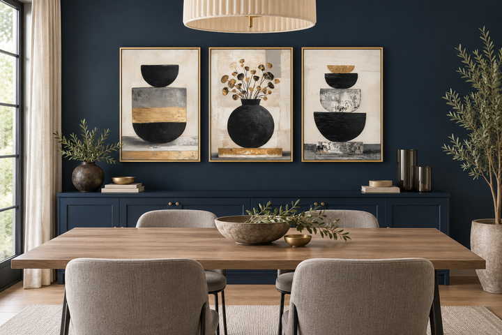 Boho-Blumen-Wandbild-Set (3-teilig) – Moderne botanische Leinwanddrucke | Schwarze und goldene Vase