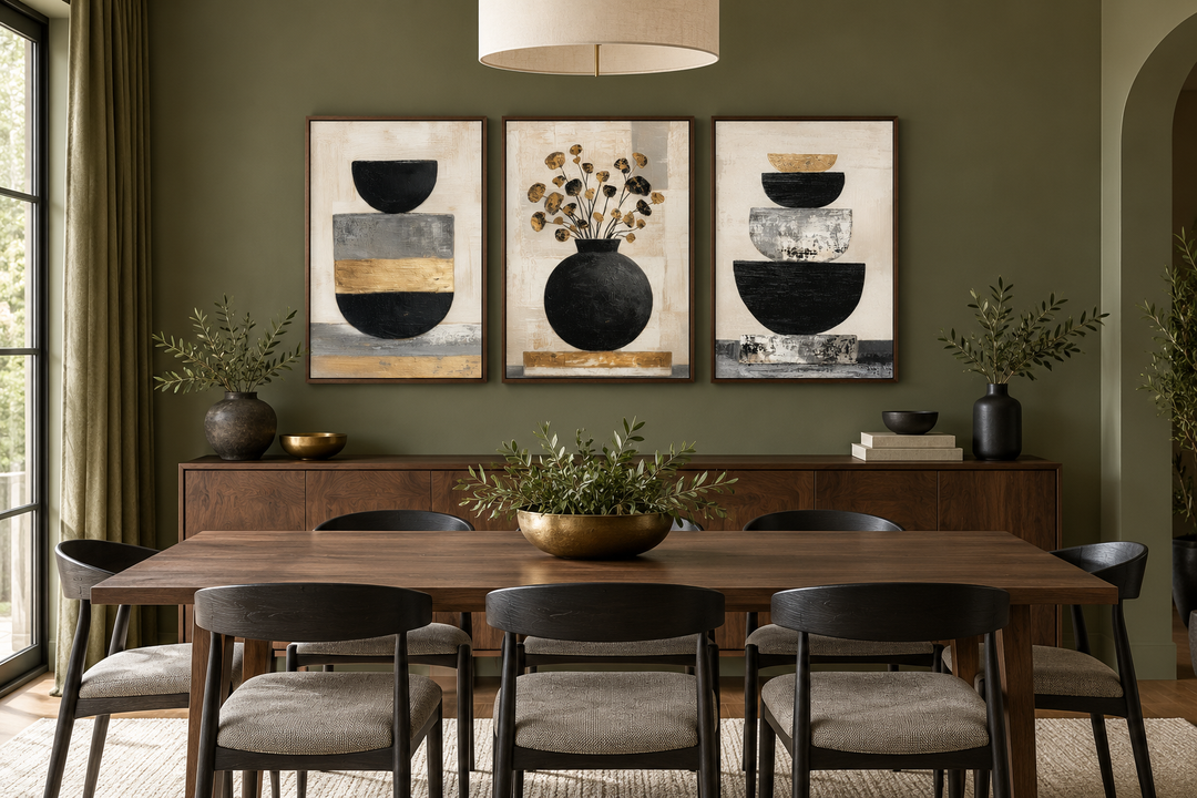 Boho-Blumen-Wandbild-Set (3-teilig) – Moderne botanische Leinwanddrucke | Schwarze und goldene Vase
