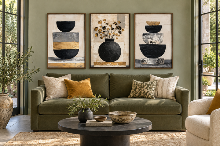 Boho-Blumen-Wandbild-Set (3-teilig) – Moderne botanische Leinwanddrucke | Schwarze und goldene Vase