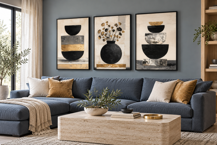 Boho-Blumen-Wandbild-Set (3-teilig) – Moderne botanische Leinwanddrucke | Schwarze und goldene Vase