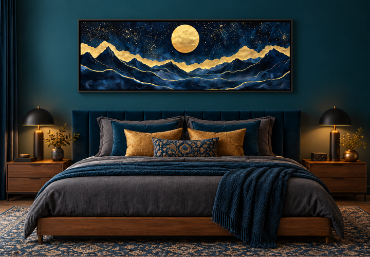 Panoramic canvas print of a gold moon over navy mountains above a bed in a dark teal room.
